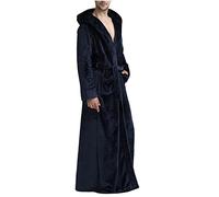 Fleece Bathrobe Men Flannel Fleece Dressing Gown Solid Color Full Length Bathrobe Pajamas with Hooded Belt Fluffy Comfy Cosy Robe Plush Thicken Housecoat Loungewear Winter Warm Nightgown with Pockets