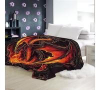 Fleece Blanket 180 X 200 Soft & Cosy Bedding Dark Fantasy Dragon Throw Super Soft Printed Blanket for Bed and Couch Gold