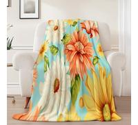 Fleece Blanket 220 x 240cm - Retro Elegant Pastel Flowers Soft Cosy Decor Blankets for Autumn Winter, Blue-Green Red Warm Plush Throw Super King Size Blanket for Bed Couch Sofa Camping