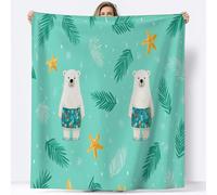 Fleece Blanket Cartoon Swimsuit Polar Bear Starfish Palm Leaves Sherpa Microfiber Flannel Blankets 150 x 200 cm, Fluffy Soft Winter Summer Light Cyan Throw Blanket Sofa Personalised Flannel Blankets