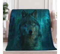 Fleece Blanket Fantasy Animal Magical Forest Wolf Sherpa Microfiber Flannel Blankets 180 x 200 cm, Fluffy Soft Winter Summer Green Throw Blanket Sofa Bed Personalised Flannel Blankets