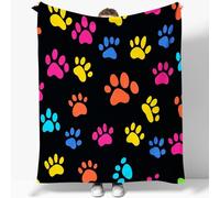 Fleece Blanket Graphic Design Colored Dog Paw Prints Flannel Blanket, Black Soft Warm Fluffy Fuzzy Throw Blankets Kids or Adults for Crib Bed Couch Chair Living Room Travel Outdoor 130 x 150 cm