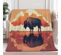 Fleece Blanket Minimalist Animal Bison Sherpa Fluffy Flannel Blanket Checkered Blankets Soft Warm Cozy Throw Blankets for Bed Couch Sofa Armchairs Picnic, Orange Color, 130 x 150 cm