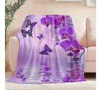 Fleece Blanket Purple Kids Adults Fluffy Lightweight 3D Modern Plant Orchid Butterfly Flowers Print Warm Bedspread, for Bed Sofa Chair Office 150 x 200 cm (59" x 79") Easy To Care Blankets Throw
