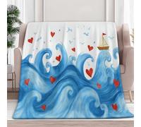Fleece Blanket Sailing Hand-Drawn Waves 220x240 cm Sherpa Throw Blankets for Sofa Bed, Soft Warm Fluffy 3D Print Versatile Blanket, for All Season