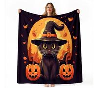 Fleece Blanket Soft Cozy Reversible 71" x 79", Halloween Fantasy Cute Cat Pumpkins Printed Blankets for Kids Boys Adults - Fluffy Warm Sherpa Throw All Season for Bed Couch Sofa Orange Color