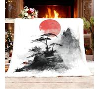Fleece Blanket Throw -Versatile Soft Décor Blanket Fluffy Throws Japanese-Style Landscape Painting Sherpa Warm Sofa Bed Blanket 150x200cm Black And White Cozy Flannel Blankets for Travel, All Seasons