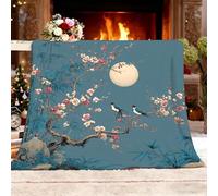 Fleece Blanket Throws Double 150x200cm Fluffy & Warm Blanket for Bed, Versatile Soft Chinese Florals, Trees And Birds Flannel Blankets for Sofa Couch Blue Lightweight Cozy Throws for Travel