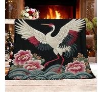 Fleece Blanket Warm Soft Chinese Embroidery Animal Crane Flannel Plush for Outdoor Fade-Resistant Throw Blankets Camping Black Sherpa Blanket for Bed and Couch All Season Single 130x150cm