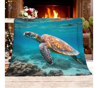 Fleece Blanket Warm Soft Marine Animals Sea Turtle Flannel Plush for Outdoor Fade-Resistant Throw Blankets Camping Blue Sherpa Blanket for Bed and Couch All Season Super King 180x220cm