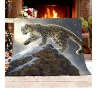 Fleece Blanket Warm Soft Snow-Capped Mountains Animals Snow Leopard Rocks Flannel Plush for Outdoor Fade-Resistant Throw Grey Sherpa Blanket for Bed and Couch All Season Single 130x150cm