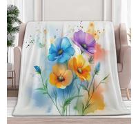 Fleece Blanket Watercolor Wildflowers Colorful Throw Blanket 100x150 cm Versatile Soft Warm Blankets Fluffy Throws for Sofa Couch, White Cozy Bed Flannel Blankets for Travel, fit All Season