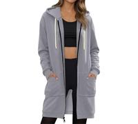 Fleece Chunky Cardigans Jacket Women Longline Zip Up Hoodie with Pockets Oversized Winter Warm Pullover Ladies Loose Fit Casual Jacket Plain Hooded Sweatshirt Coat Gray L