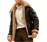 Fleece Coats for Men UK Clearance Winter Warm Sherpa Lined Jacket Suede Leather Trucker Jackets Sheepskin Trench Coat Thicken Plush Overcoat Motorcycle Cargo Biker Outerwear Fuzzy Fluffy Coat