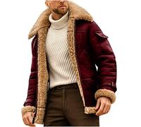 Fleece Coats for Men UK Clearance Winter Warm Sherpa Lined Jacket Suede Leather Trucker Jackets Sheepskin Trench Coat Thicken Plush Overcoat Motorcycle Cargo Biker Outerwear Fuzzy Fluffy Coat