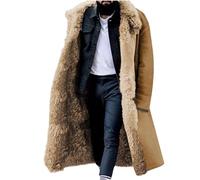 Fleece Coats for Men UK Winter Warm Sherpa Lined Jacket Mid Length Trench Coat Artificial Fur Outerwear Thicken Plush Overcoat Longline Cardigan Turn-Down Collar Fuzzy Fluffy Coats Windbreaker