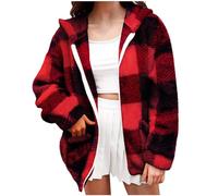 Fleece Coats for Women UK Ladies Checked Hoodie Coat Teddy Fleece Jackets Soft Fluffy Coat Hooded Overcoat Full Zip Hoodie Plus Size Cardigan Casual Loose Warm Comfy Ladies Jumper Tops for Winter