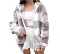 Fleece Coats for Women UK Ladies Checked Hoodie Coat Teddy Fleece Jackets Soft Fluffy Coat Hooded Overcoat Full Zip Hoodie Plus Size Cardigan Casual Loose Warm Comfy Ladies Jumper Tops for Winter