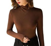 Fleece Crossover Turtleneck Long Sleeve Shirts, Stretch Long Sleeve Fall Basics Bottoming Pullover Tops (Caramel,XXXL)