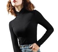 Fleece Crossover Turtleneck Long Sleeve Shirts, Stretch Long Sleeve Fall Basics Bottoming Pullover Tops (Black,XL)