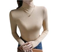 Fleece Crossover Turtleneck, Women's Crossover High-Neck Long-Sleeved Top, Stretch Basic Lightweight Bustier Pullover (Light Khaki,Medium)