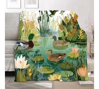 Fleece Flannel Blanket Baby size 70x100cm, No Shed No Pilling Lotus Pond Duck Pattern Cozy Lightweight Throw Blanket for Couch Bed Decor, Soft Warm Green Sofa Blankets for Women Men