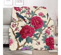 Fleece Flannel Blanket Double 150x200cm, No Shed No Pilling Painted Peony Florals & Birds Cozy Lightweight Throw Blanket for Couch Bed Decor, Soft Warm Beige Sofa Blankets for Women Men