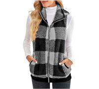 Fleece Gilet for Women UK Plaid Fur Gilet Teddy Zip Up Vest Sherpa Fluffy Waistcoat Body Warmer Lightweight Cozy Gilets Ladies Winter Warm Jacket with Pocket Fuzzy Sleeveless Coat Checked Outwear