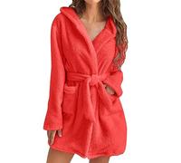 Fleece Hooded Robe Women, Dressing Gowns for Women Fluffy Plush Short Bathrobe Hooded Robes Belted with Pockets Soft Plush Pajamas Loungewear Bride Dressing Gown Women House Coat Plush Bathrobe Red