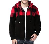 Fleece Hoodie Men Zipped, Mens Winter Jackets Sherpa Fleece Teddy Coat Full Zip Up Hoodie Thermal Hooded Sweatshirt Color Block Sweater Hoody Warm Fluffy Jacket with Pockets Size S-5XL Red