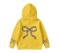 Fleece Hoodies Sweatshirts for Girls Bow Cheetah Leopard Print Long Sleeve Kids Warm Cute Pullover Tops Toddler Baby Fall Winter Thick Oversized Clothes with Pocket Yellow