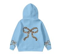 Fleece Hoodies Sweatshirts for Girls Bow Cheetah Leopard Print Long Sleeve Kids Warm Cute Pullover Tops Toddler Baby Fall Winter Thick Oversized Clothes with Pocket Light Blue