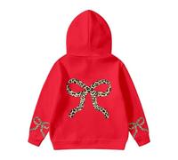 Fleece Hoodies Sweatshirts for Girls Bow Cheetah Leopard Print Long Sleeve Kids Warm Cute Pullover Tops Toddler Baby Fall Winter Thick Oversized Clothes with Pocket Red