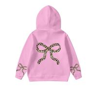 Fleece Hoodies Sweatshirts for Girls Bow Cheetah Leopard Print Long Sleeve Kids Warm Cute Pullover Tops Toddler Baby Fall Winter Thick Oversized Clothes with Pocket Pink