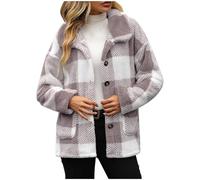 Fleece Jacket for Women, Ladies Plaid Shacket Jacket Teddy Fleece Fuzzy Coats Button Casual Long Sleeve Fluffy Outfits Winter Clothes Jumpers Tartan Checked Coat