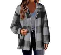 Fleece Jacket for Women Plus Size, Ladies Plaid Shacket Jacket Oversized Teddy Fleece Fuzzy Coats Zip Up Casual Long Sleeve Fluffy Outfits Winter Clothes Tartan Checked Coat Size 8-22