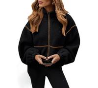 Fleece Jacket Women Sherpa Oversized Zip Up Winter Jackets, Stand Collar Long Sleeve Lightweight Warm Coat (Black,XL)