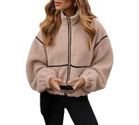 Fleece Jacket Women Sherpa Oversized Zip Up Winter Jackets, Stand Collar Long Sleeve Lightweight Warm Coat (Khaki,S)