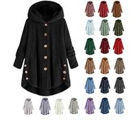 Fleece Jacket Women, Solid Button Down Sherpa Lined Coats Thick Warm Hooded Parkas Jackets Ladies Fluffy Teddy Bear Comfort Outwear Autumn Winter Plus Size Wool Coats Home Casual Overcoat S-5XL
