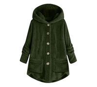 Fleece Jacket Women's Long Large Sizes, Plush Jacket Women's Teddy Hooded Jacket with Buttons Hoodie Plush Winter Jacket Loose Thermal Jacket Plain Sweatshirt Coat Thicker Warm Cuddly Jacket, Green