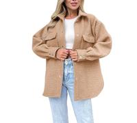 Fleece Jacket Womens Womens Fleece Shirt Jacket Oversized Button Down Long Shacket Jacket with Pockets (Khaki, L)