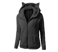 Fleece Jackets for Women UK Zip Up Hoodie Cat Ear Hooded Sweatshirt Sherpa Teddy Bear Coat Plain Winter Warm Plush Jacket Zipper Coats Open Front Cardigans Ladies Fluffy Hoodies Thick Outwear Black
