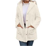 Fleece Jackets Women Fluffy Cardiagn Longline Button Down Jacket Sweater Ladies Hooded Coats Furry Fluffy Jackets Plush Warm Cable Knit Jumpers Plus Size Mid Length Overcoats with Pockets