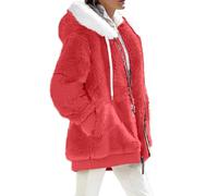 Fleece Jackets Women Winter Warm Soft Hooded Fluffy Full Zipper Hoodie Coats Teddy Jacket Overcoat Cardigan with Pockets Red L