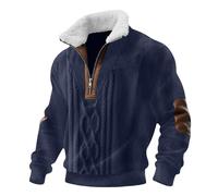 Fleece Jumper Mens Vintage Knitted Printed Sweatshirts Long Sleeve Quarter Zip Pullover Tops with Elbow Patches Fall Winter Warm Clothes, Navy, L