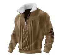 Fleece Jumper Mens Vintage Knitted Printed Sweatshirts Long Sleeve Quarter Zip Pullover Tops with Elbow Patches Fall Winter Warm Clothes, Khaki, 3XL