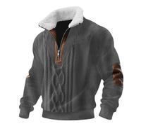 Fleece Jumper Mens Vintage Knitted Printed Sweatshirts Long Sleeve Quarter Zip Pullover Tops with Elbow Patches Fall Winter Warm Clothes, Grey, L