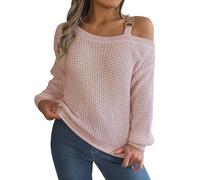 Fleece Jumpers Ladies Loose Knit Jumper Women Women S Fall Winter Casual Buckle Spliced Off The Shoulder Sleeve Pullover Sweater Sweatshirts Ladies Knitted Jumper Large Pink M