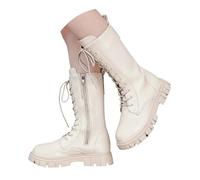 Fleece Knee-High Boots Kids Lace Up Riding Boots Girls Lined School Shoes Walking Bootie with Side Zippers PU Leather White Boot Mid Calf Cowboy Bootie for Autumn (1-White-Fleece, 11.5 Little Child)