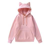 Fleece Lined Anime Hoodies for Women Solid Color Cute Hooded Tops Sherpa Thermal Wool Lined Drawstring Loose Fit with Cat Ears Sweatshirts Aesthetic with Hood Cold Weather Gear Thin